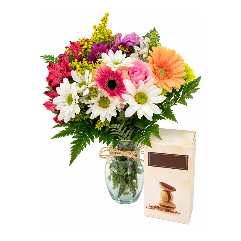 Arranjo encanto do campo com flores e chocolates