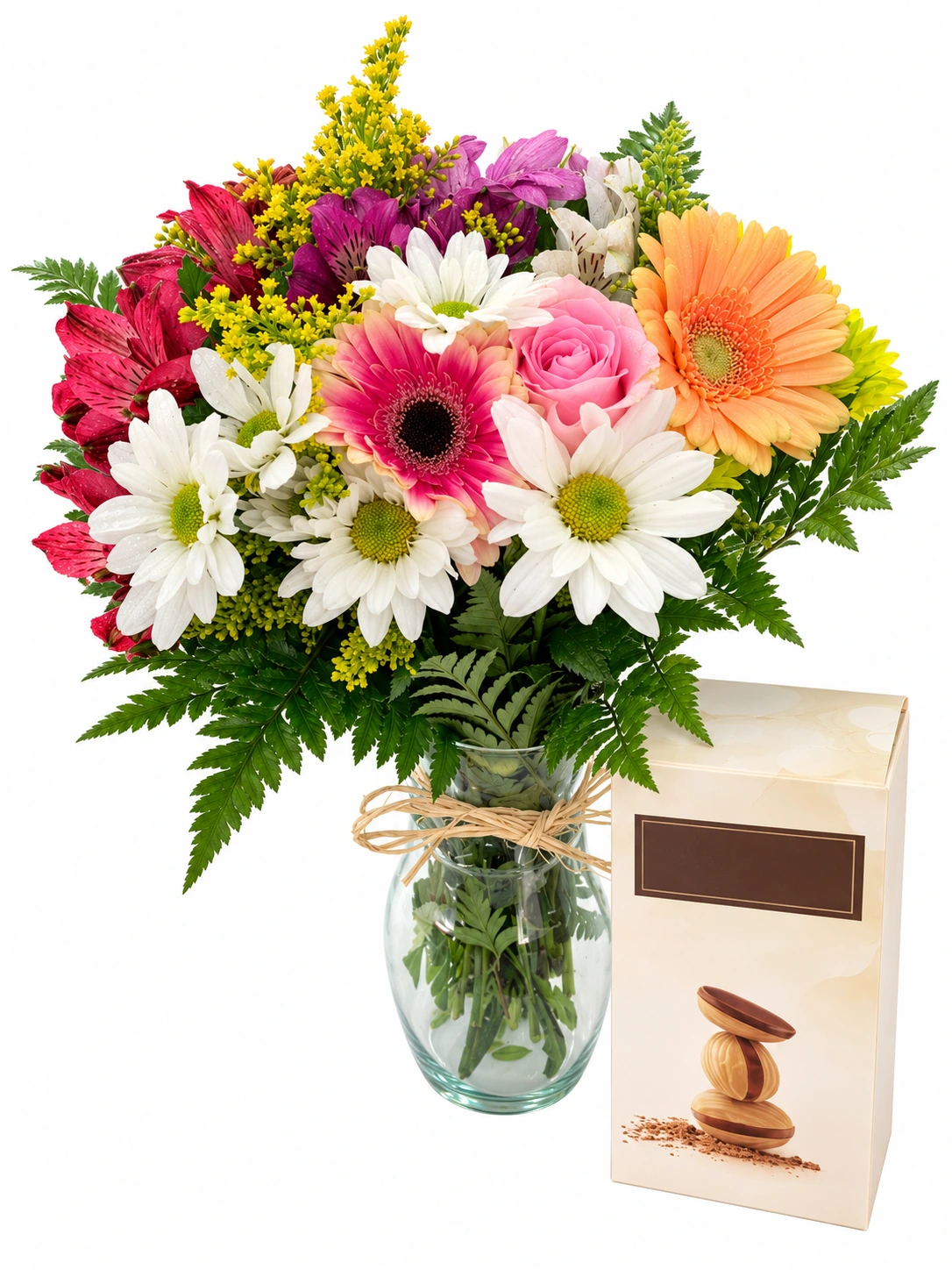 Arranjo encanto do campo com flores e chocolates