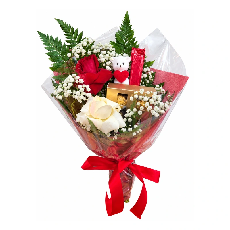Buquê carinho de amor com rosas, urso e Ferrero