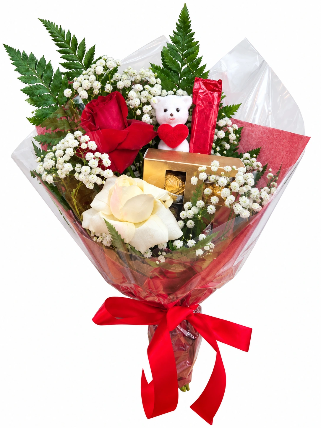 Buquê carinho de amor com rosas, urso e Ferrero