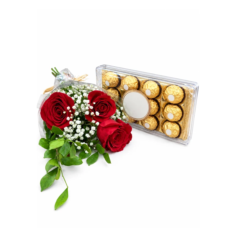 Buquê carinho vermelho com rosas e Ferrero Rocher