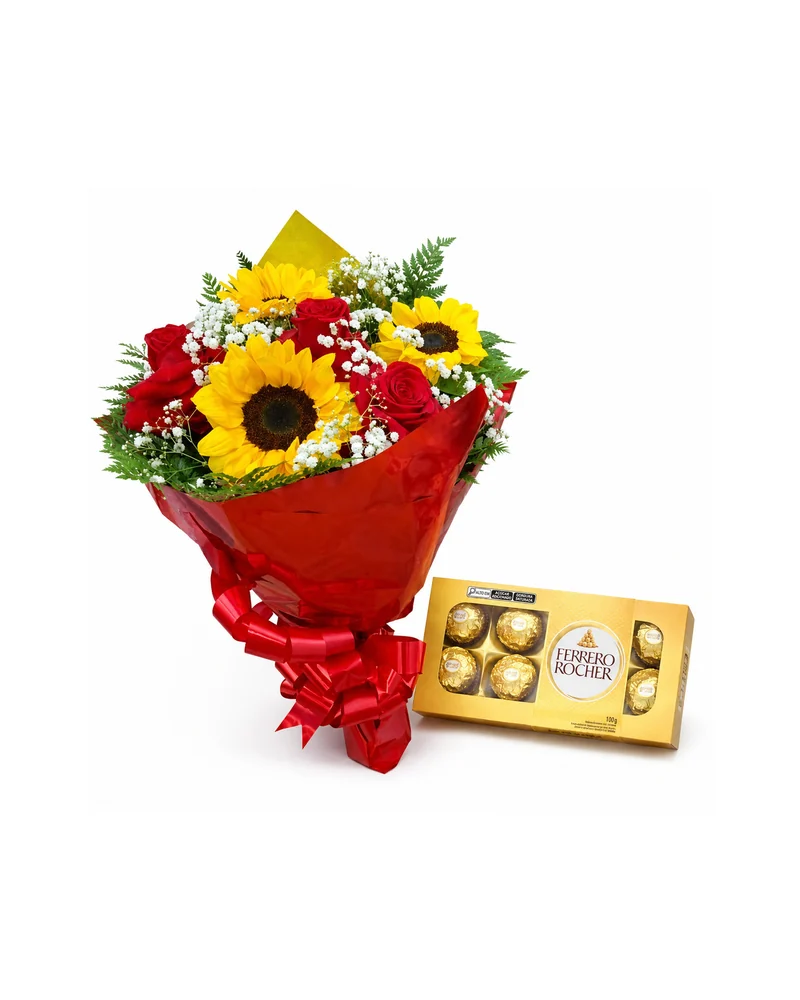 Buquê de Girassóis Rosas Vermelhas e Ferrero