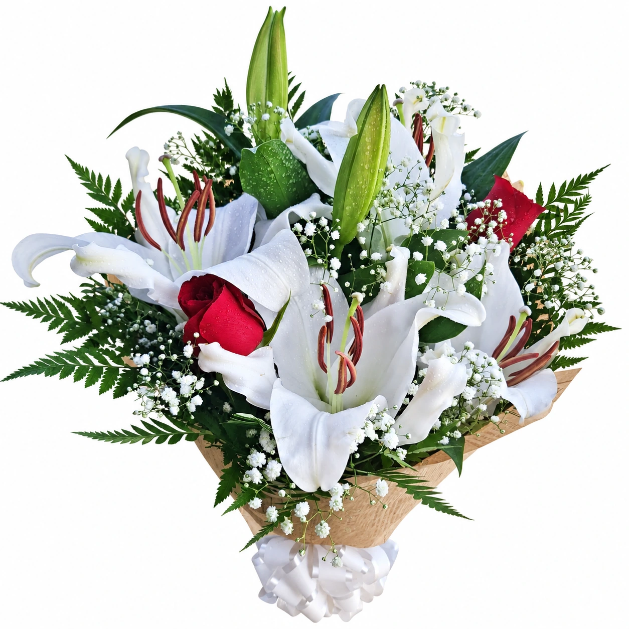 Buquê de lírios brancos e rosas vermelhas