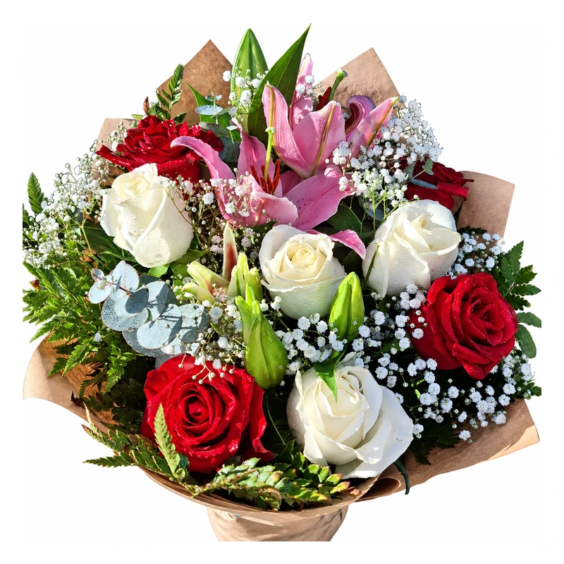 Buquê de lírios e rosas vermelhas e brancas