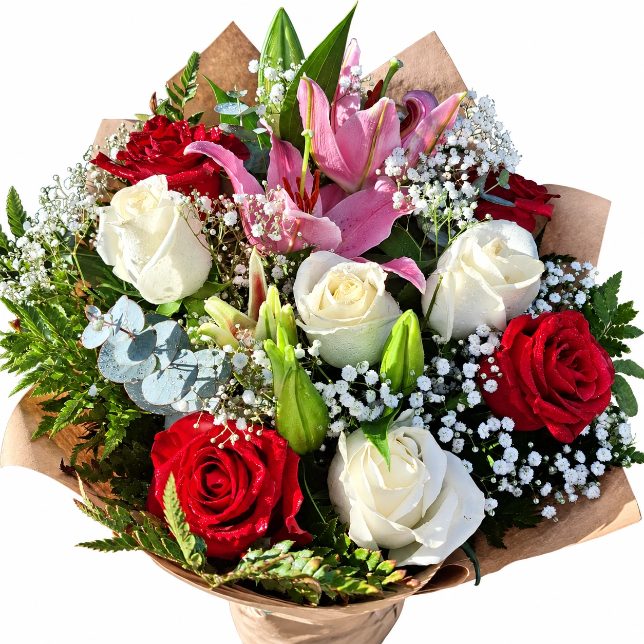 Buquê de lírios e rosas vermelhas e brancas