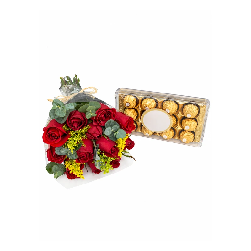 Buquê doce paixão com rosas e Ferrero Rocher