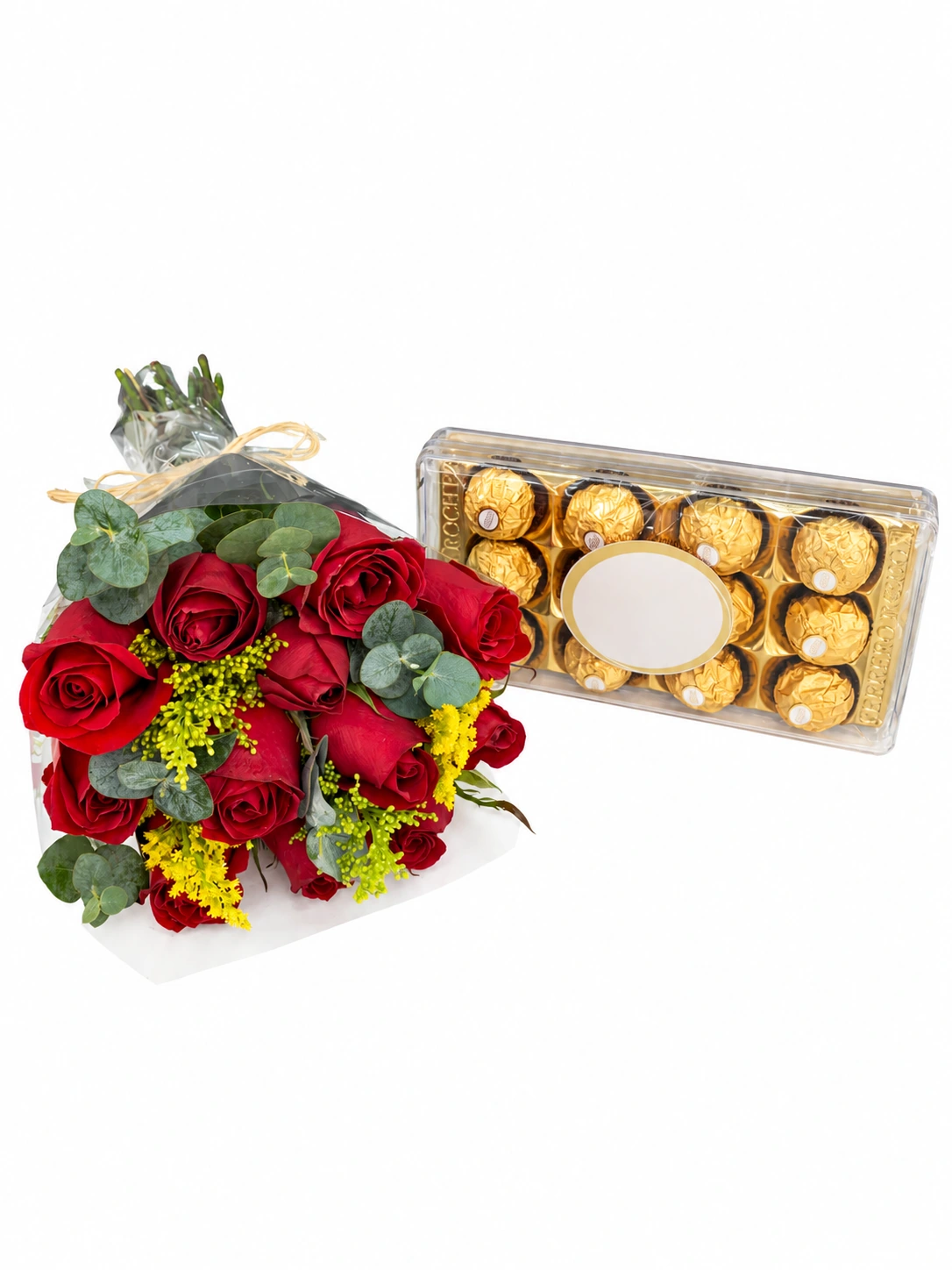 Buquê doce paixão com rosas e Ferrero Rocher