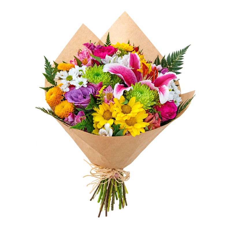 Buquê misto grande com lírios, rosas e flores do campo