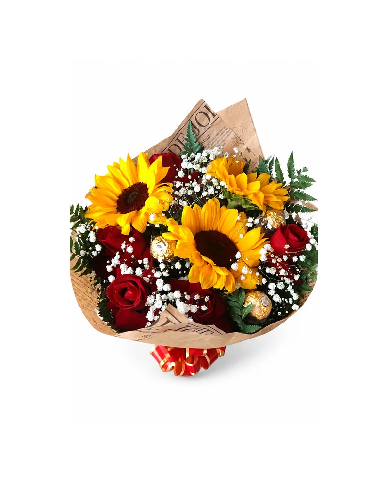 Buquê Premium de Girassóis e Rosas Vermelhas