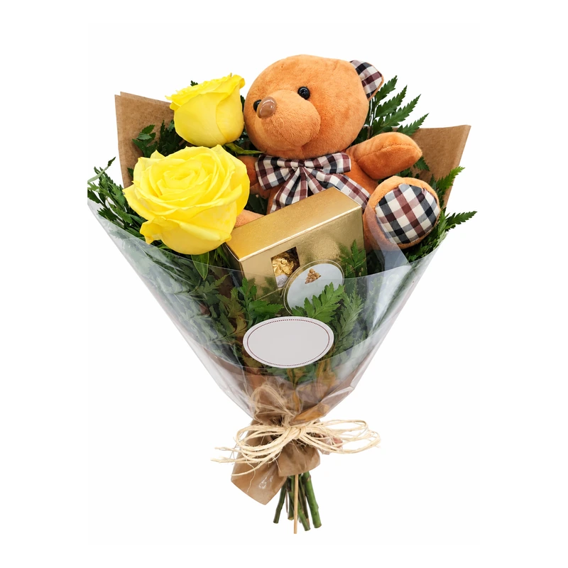 Buquê raio de carinho com rosas amarelas e ursinho