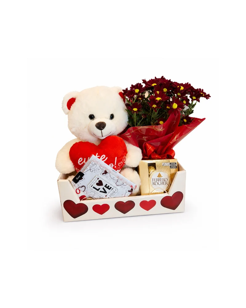 Caixa Romântica com Urso Kalanchoe Vermelho e Chocolates
