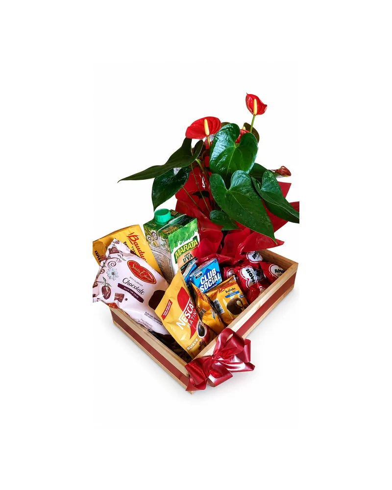Cesta com Antúrio Vermelho e Chocolates