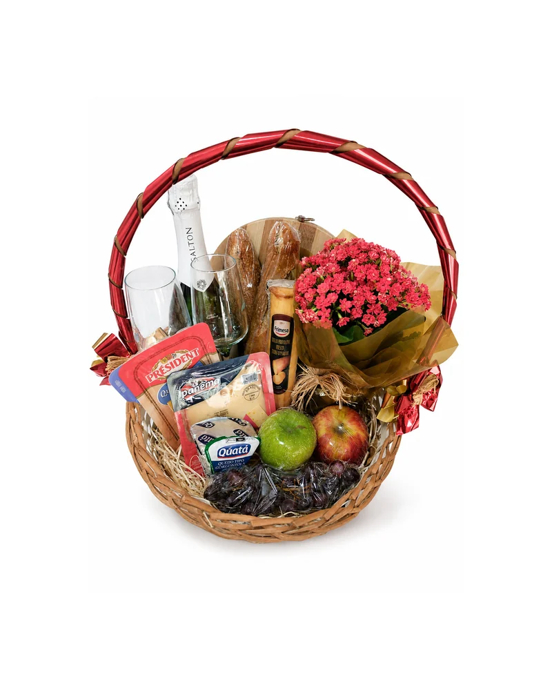 Cesta de Café da Manhã Premium com Espumante e Flores