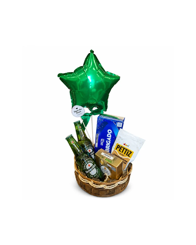 Cesta de Cerveja e Petiscos com Balão Verde