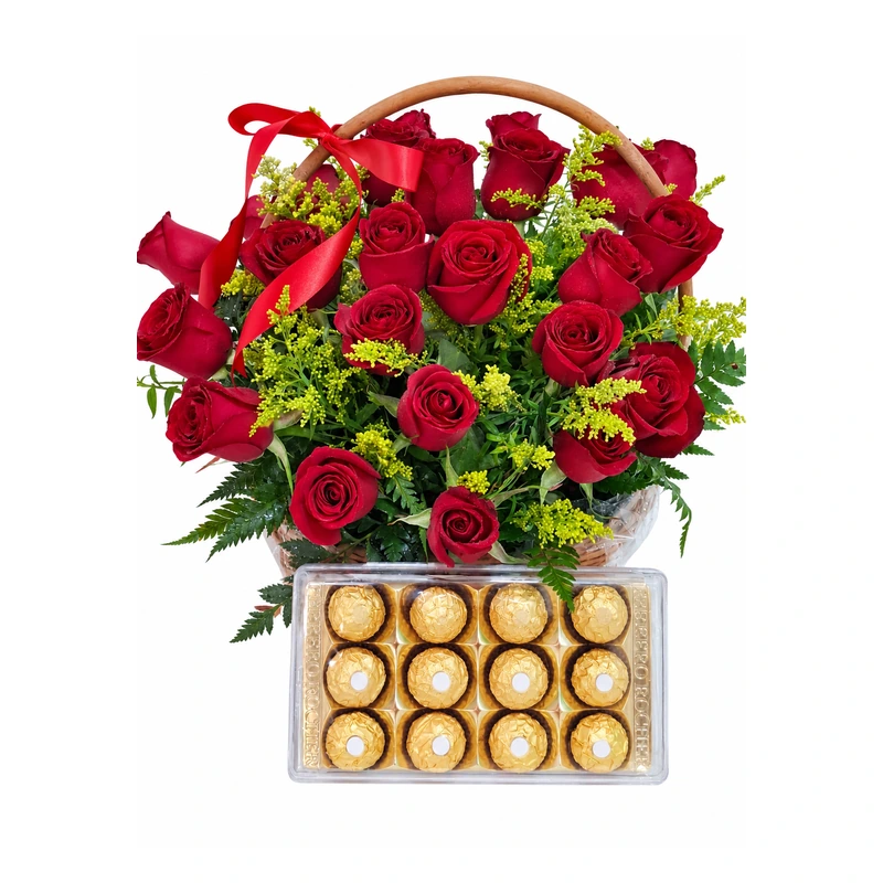 Cesta paixão especial com rosas e Ferrero Rocher