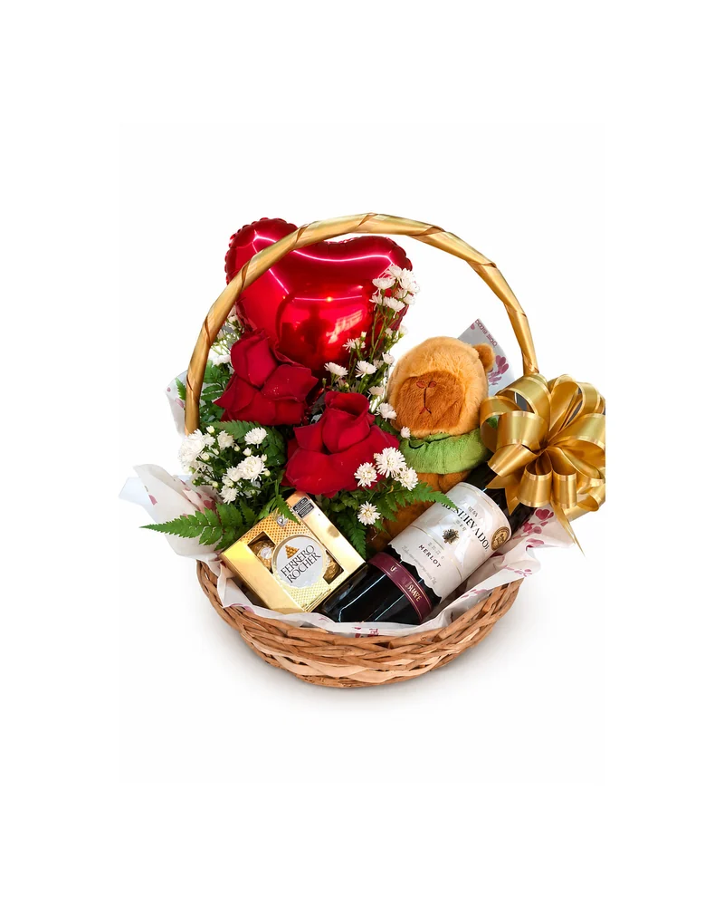 Cesta Romântica com Rosas Urso e Chocolates