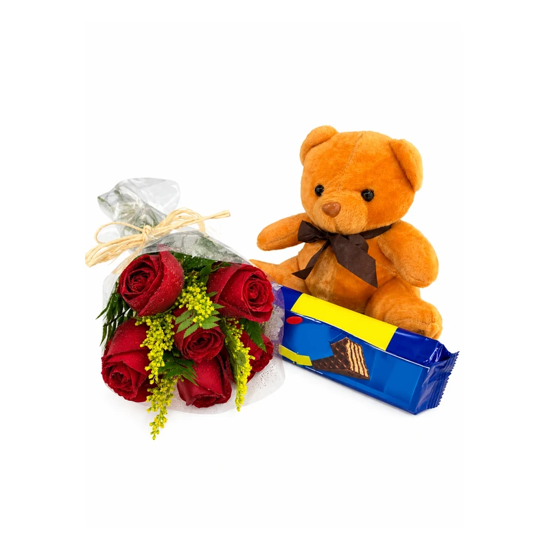 Kit abraço de carinho com rosas, urso e chocolates