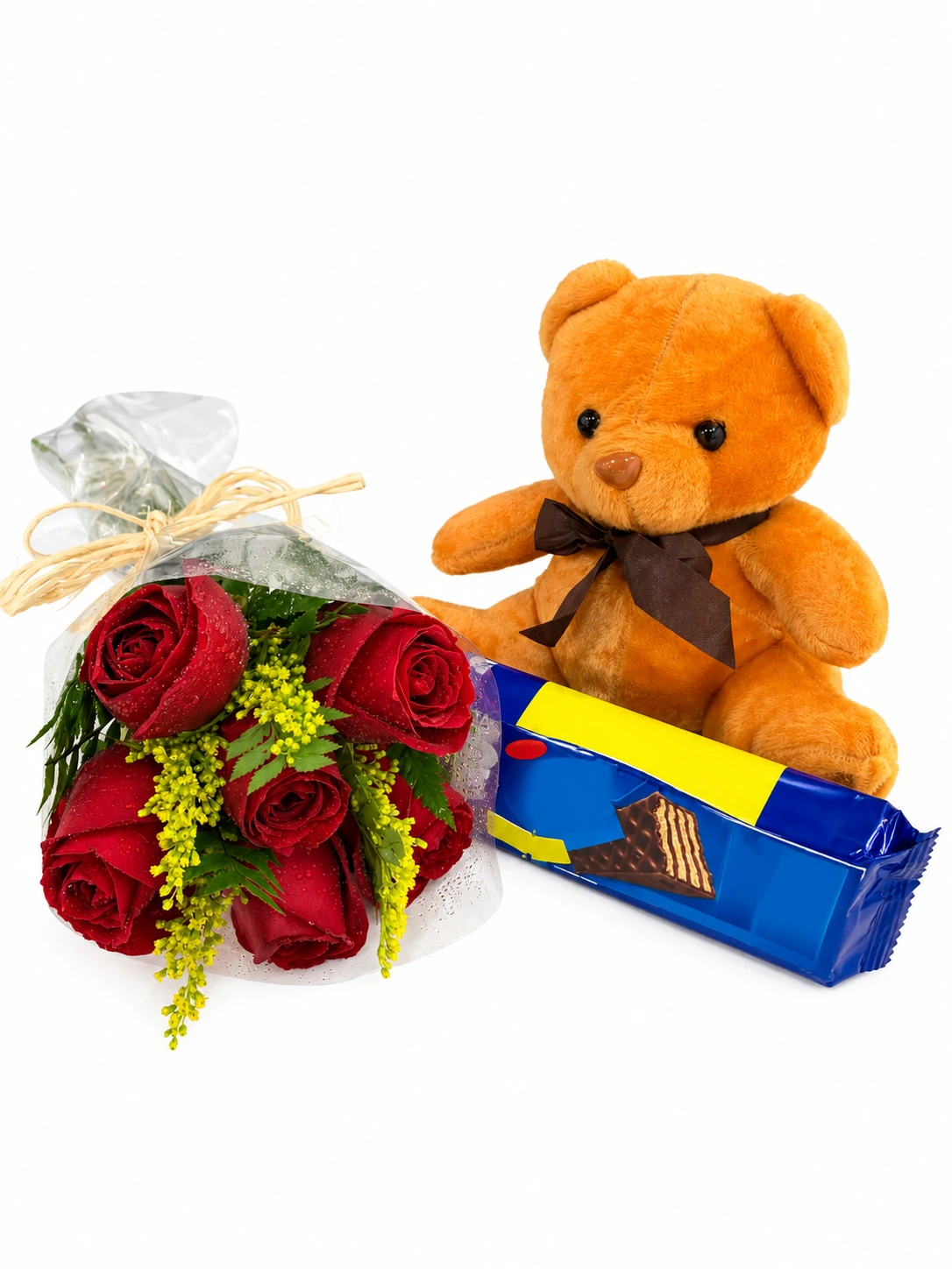 Kit abraço de carinho com rosas, urso e chocolates