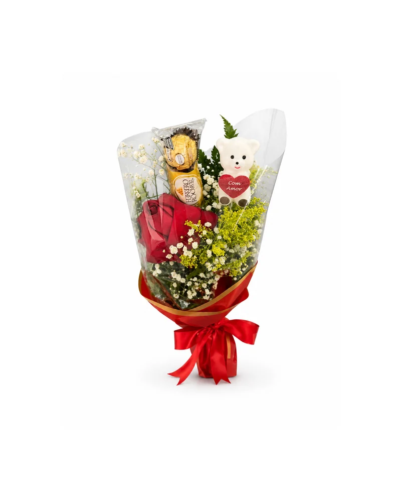 Mini Buquê com Rosas Urso e Chocolates